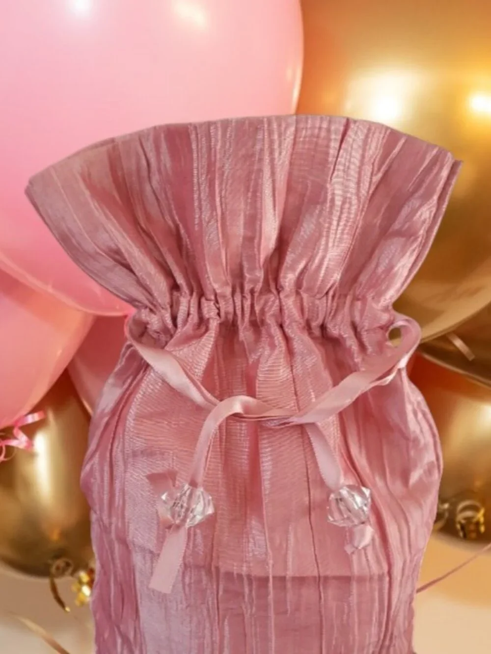 Pink Crinkle Crushed Taffeta Drawstring Gift Bag w/Satin Ribbon Ties ✨NWOT✨